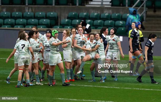 Kate Marks of Cambridge celebrates after scoring a try during the Oxford University vs Cambridge University Womens Varsity match at Twickenham...