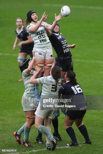 Alice Elgar of Cambridge beats Katie Collis of Oxford to the line out during the Oxford University vs Cambridge University Womens Varsity match at...