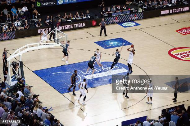 General view as Perrin Buford of the Bullets takes a jumpshot against Tom Abercrombie of the Breakers during the round nine NBL match between the New...