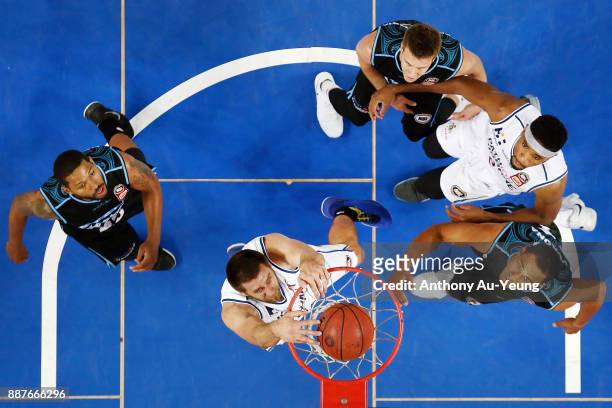 Tom Jervis of the Bullets with a dunk during the round nine NBL match between the New Zealand Breakers and the Brisbane Bullets at Spark Arena on...