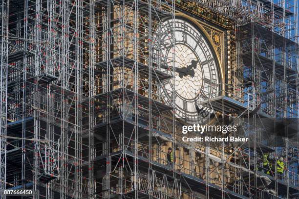 The Elizabeth Tower that holds the now silent Big Ben bell, along with the the Houses of Parliament, are covered in scaffolding, on 1st December...