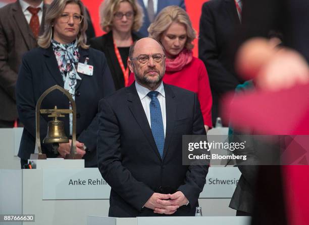 Martin Schulz, leader of the Social Democrat Party , looks on before speaking at the SPD's federal party convention in Berlin, Germany, on Thursday,...