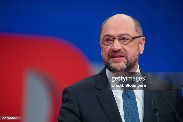 Martin Schulz, leader of the Social Democrat Party , speaks during the SPD's federal party convention in Berlin, Germany, on Thursday, Dec. 7, 2017....