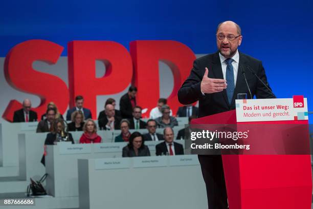 Martin Schulz, leader of the Social Democrat Party , speaks during the SPD's federal party convention in Berlin, Germany, on Thursday, Dec. 7, 2017....