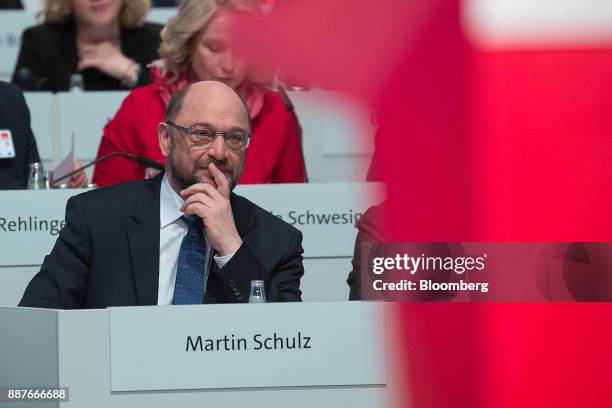 Martin Schulz, leader of the Social Democrat Party , looks on during the SPD's federal party convention in Berlin, Germany, on Thursday, Dec. 7,...