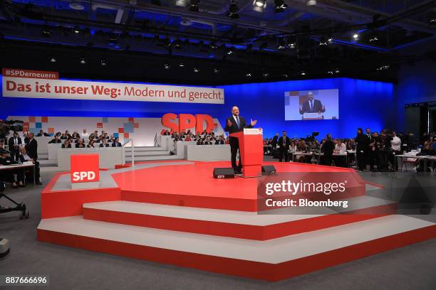 Martin Schulz, leader of the Social Democrat Party , speaks on stage during the SPD's federal party convention in Berlin, Germany, on Thursday, Dec....