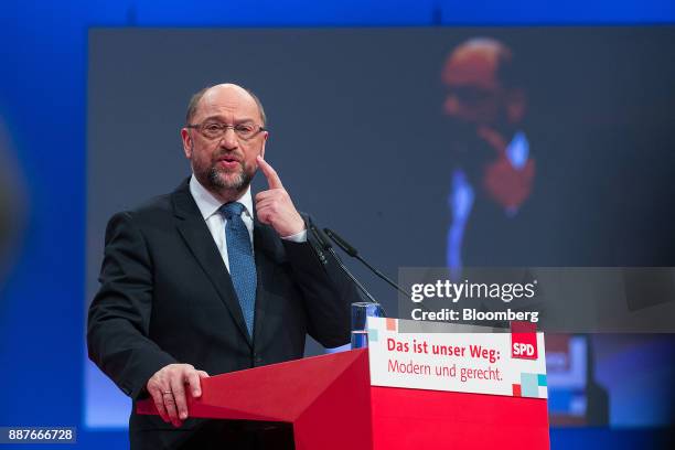 Martin Schulz, leader of the Social Democrat Party , gestures while speaking during the SPD's federal party convention in Berlin, Germany, on...