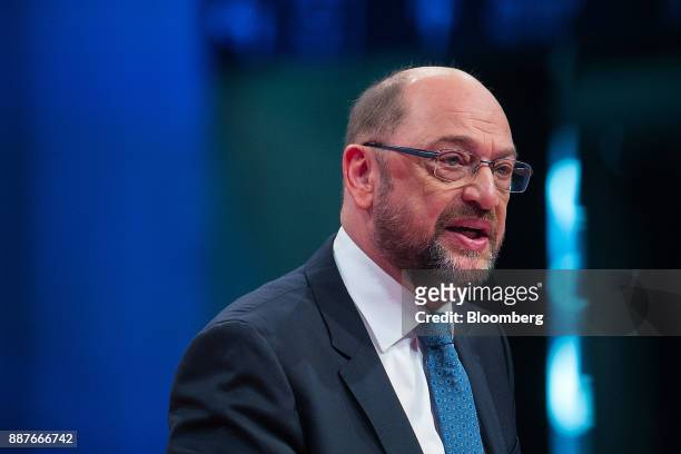 Martin Schulz, leader of the Social Democrat Party , speaks during the SPD's federal party convention in Berlin, Germany, on Thursday, Dec. 7, 2017....