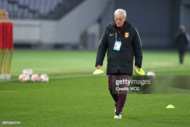 Coach Marcello Lippi of China attends a training session ahead of the 2017 EAFF E-1 Football Championship Final round at Ajinomoto Stadium on...