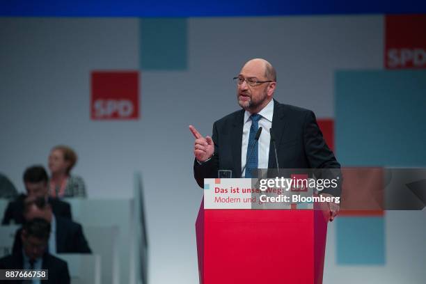 Martin Schulz, leader of the Social Democrat Party , gestures while speaking during the SPD's federal party convention in Berlin, Germany, on...