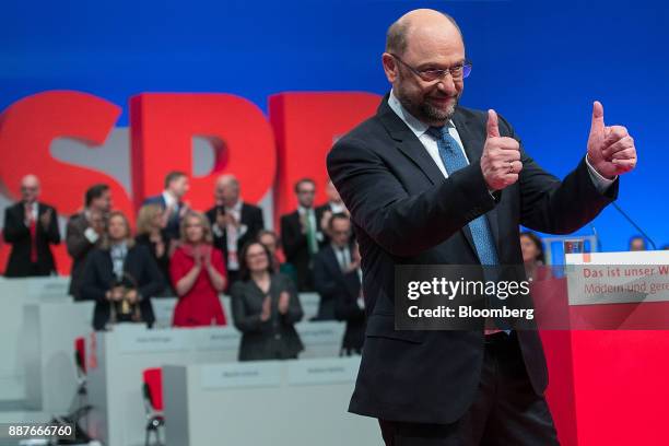 Martin Schulz, leader of the Social Democrat Party , gestures after delivering his speech during the SPD's federal party convention in Berlin,...