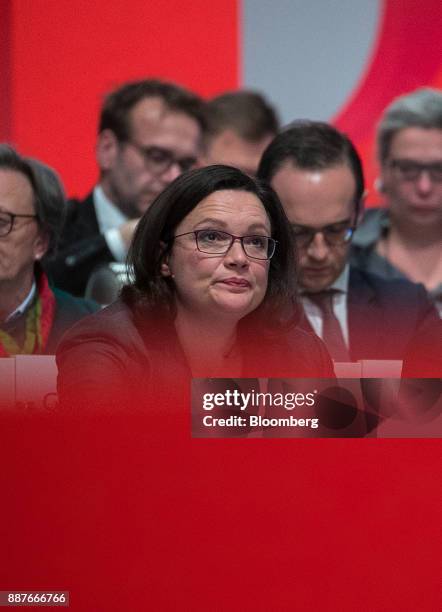 Andrea Nahles, caucus leader of the Social Democrat Party , looks on during the SPD's federal party convention in Berlin, Germany, on Thursday, Dec....