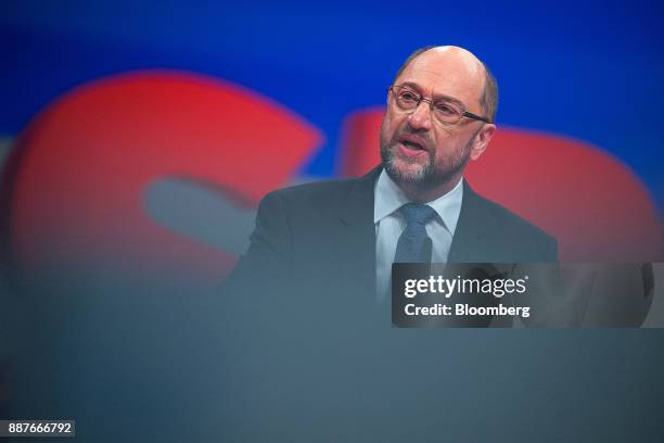 Martin Schulz, leader of the Social Democrat Party , speaks during the SPD's federal party convention in Berlin, Germany, on Thursday, Dec. 7, 2017....