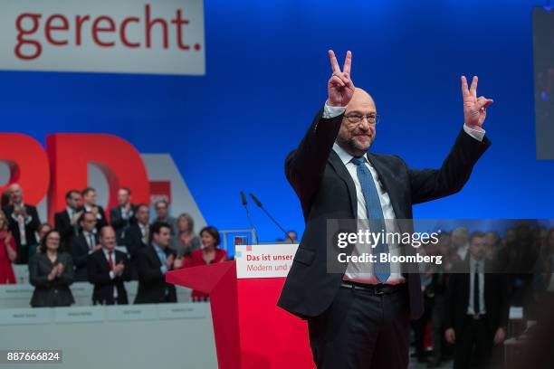 Martin Schulz, leader of the Social Democrat Party , gestures after delivering his speech during the SPD's federal party convention in Berlin,...