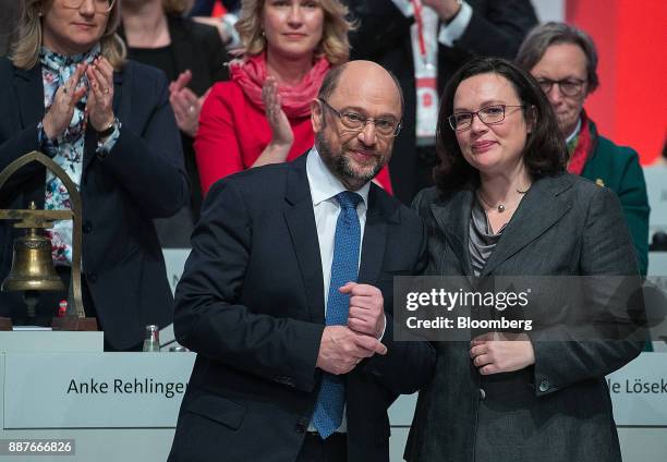 Martin Schulz, leader of the Social Democrat Party , left, and Andrea Nahles, caucus leader of the Social Democrat Party , look on during the SPD's...