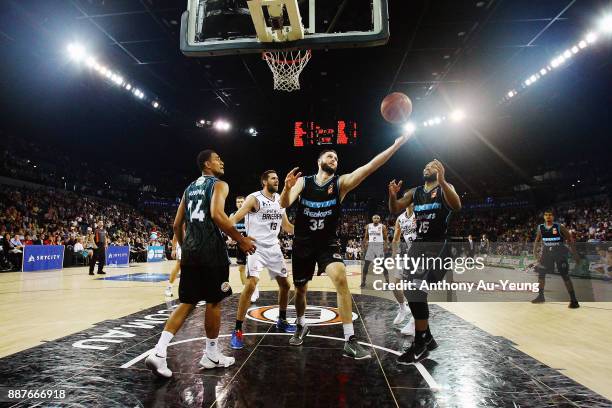 Alex Pledger of the Breakers grabs a rebound during the round nine NBL match between the New Zealand Breakers and the Brisbane Bullets at Spark Arena...