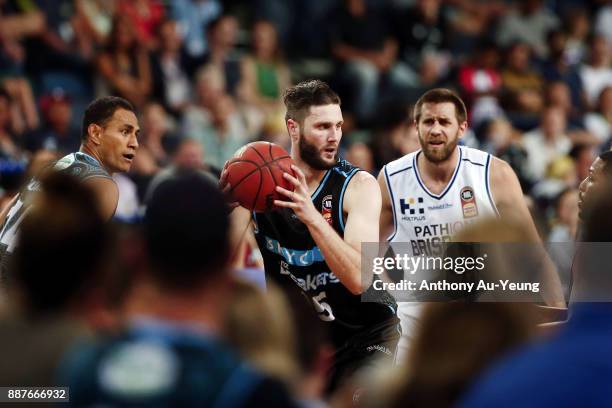 Alex Pledger of the Breakers grabs a rebound during the round nine NBL match between the New Zealand Breakers and the Brisbane Bullets at Spark Arena...