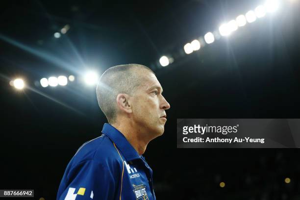 Head Coach Andrej Lemanis of the Bullets looks on during the round nine NBL match between the New Zealand Breakers and the Brisbane Bullets at Spark...