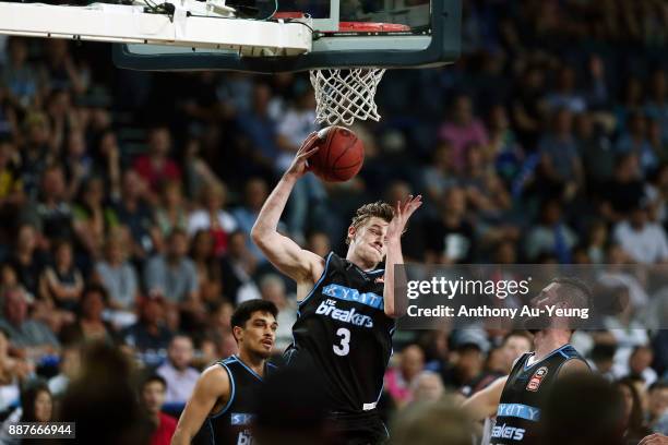 Finn Delany of the Breakers grabs a rebound during the round nine NBL match between the New Zealand Breakers and the Brisbane Bullets at Spark Arena...