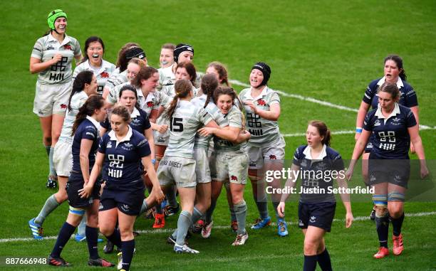 Kate Marks of Cambridge University celebrates scoring a try during the Womens Varsity Match between Oxford University and Cambridge University at...