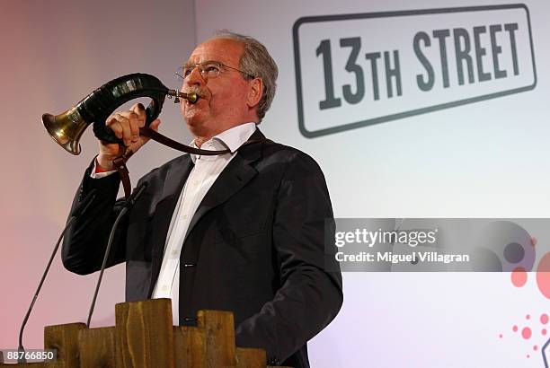 Member of the jury, Friedrich von Thun plays a hunting horn during the shocking shorts award ceremony on June 30, 2009 in Munich, Germany.