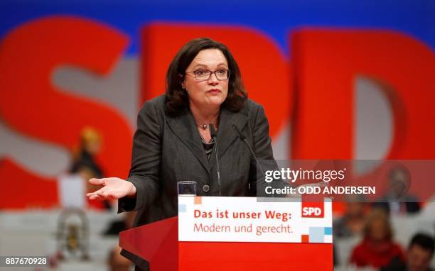 Parliamentary group leader of the Social Democratic Party , Andrea Nahles delivers a speech during a party congress of Germany's Social Democrats in...