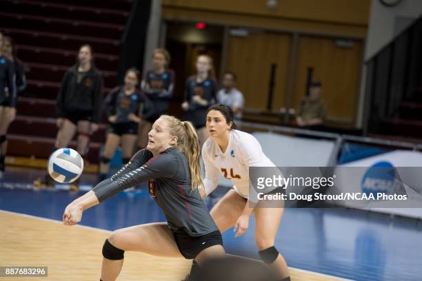 Isabelle Taylor of Claremont-Mudd-Scripps digs a ball during the Division III Women's Volleyball Championship held at Van Noord Arena on November 18,...