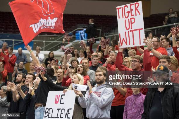 Wittenberg University fans cheer during the Division III Women's Volleyball Championship held at Van Noord Arena on November 18, 2017 in Grand...