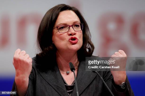 Andrea Nahles , leader of the of the German Social Democrats Bundestagsfaction, speaks at the SPD federal party congress on December 7, 2017 in...