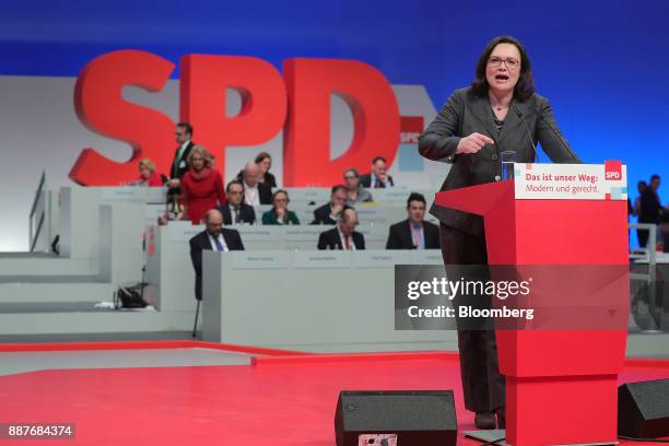Andrea Nahles, caucus leader of the Social Democrat Party , gestures while speaking during the SPD's federal party convention in Berlin, Germany, on...