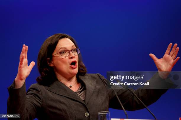 Andrea Nahles , leader of the of the German Social Democrats Bundestagsfaction, speaks at the SPD federal party congress on December 7, 2017 in...