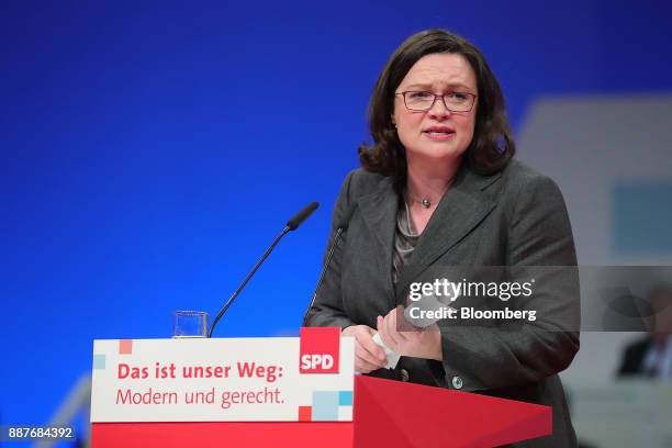 Andrea Nahles, caucus leader of the Social Democrat Party , speaks during the SPD's federal party convention in Berlin, Germany, on Thursday, Dec. 7,...