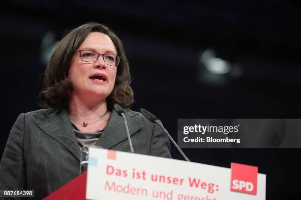 Andrea Nahles, caucus leader of the Social Democrat Party , speaks during the SPD's federal party convention in Berlin, Germany, on Thursday, Dec. 7,...