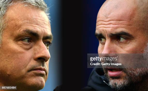 In this composite image a comparision has been made between Jose Mourinho, Manager of Manchester United and Josep Guardiola, Manager of Manchester...
