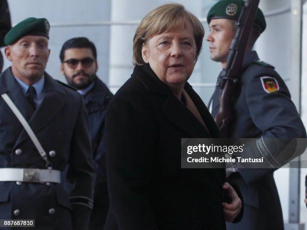 Germany Chancellor Angela Merkel waits for Chairman of the Presidential Council of Libya and Prime Minister in the Courtyard of the German...