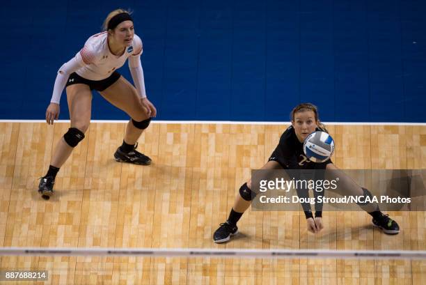 Taylor Yontz of Wittenberg University reaches to bump the ball during the Division III Women's Volleyball Championship held at Van Noord Arena on...
