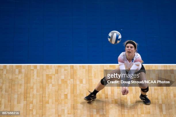 Madison Manger of Wittenberg University hits the ball during the Division III Women's Volleyball Championship held at Van Noord Arena on November 18,...