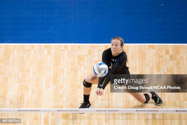 Taylor Yontz of Wittenberg University bumps the ball during the Division III Women's Volleyball Championship held at Van Noord Arena on November 18,...