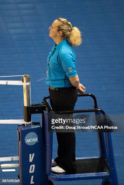 First referee Gretchen Galloway watches a play during the Division III Women's Volleyball Championship held at Van Noord Arena on November 18, 2017...