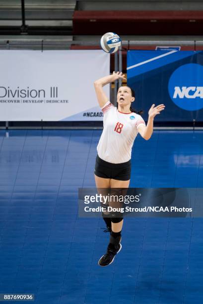 Maddie Fischer of Wittenberg University serves the ball during the Division III Women's Volleyball Championship held at Van Noord Arena on November...