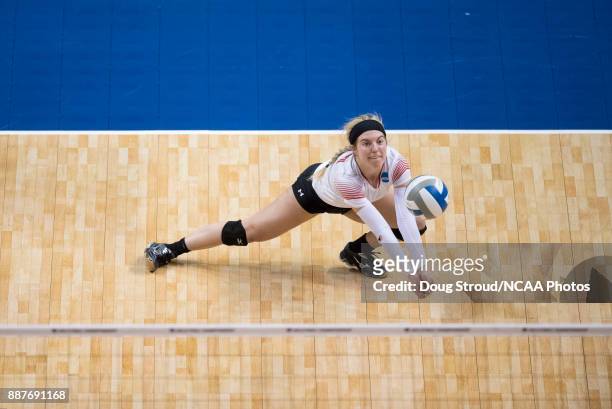 Madison Manger of Wittenberg University digs the ball during the Division III Women's Volleyball Championship held at Van Noord Arena on November 18,...