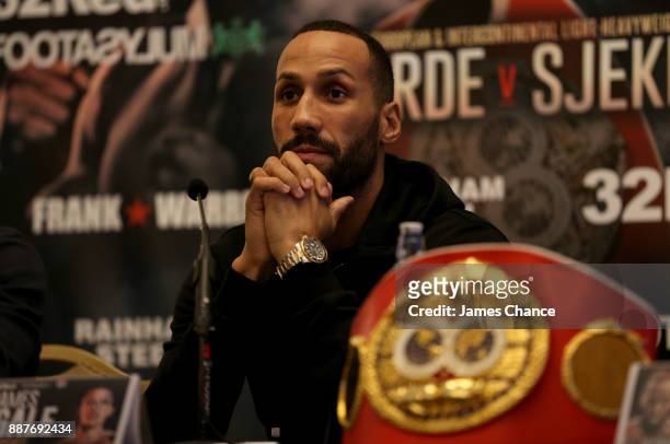 James DeGale speaks in a press conference during a Boxing Press Conference at The Landmark London on December 7, 2017 in London, England.