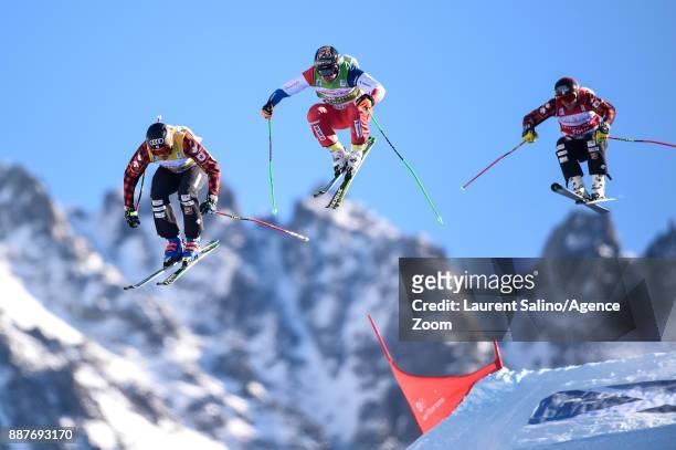 Christopher Delbosco of Canada takes 1st place, Jonas Lenherr of Switzerland competes, Brady Leman of Canada competes during the FIS Freestyle Ski...