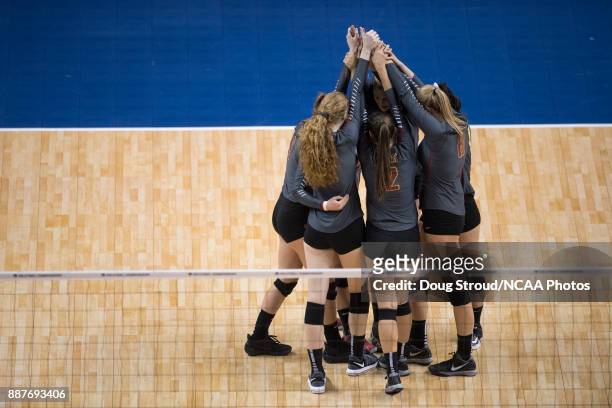 Claremont-Mudd-Scripps player huddle during the Division III Women's Volleyball Championship held at Van Noord Arena on November 18, 2017 in Grand...