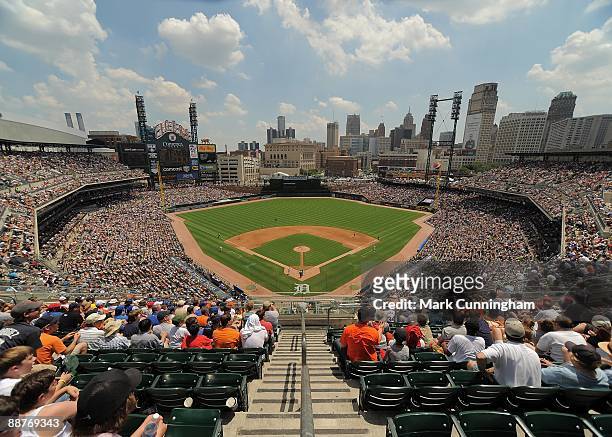 General wide angle view of Comerica Park during the game between the Chicago Cubs and the Detroit Tigers on June 25, 2009 in Detroit, Michigan. The...