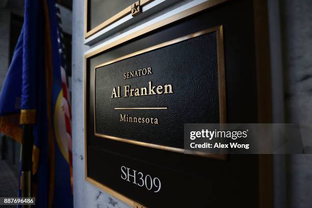 The sign of U.S. Sen. Al Franken's office is seen on Capitol Hill December 7, 2017 in Washington, DC. Sen. Franken has scheduled to make a statement...
