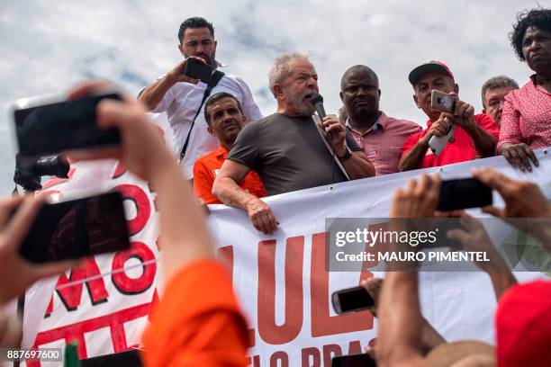 Former Brazilian president Luiz Inacio Lula da Silva speaks, during a presidential pre-campaign rally as part of his "Lula for Brazil" tour, in front...