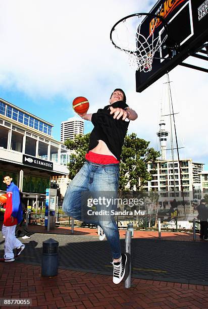 Kelly Olynk of Canada dunks the ball during the FIBA U19 World Championship captains photocall outside the Maritime Museum on July 1, 2009 in...