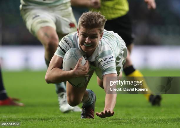 Chris Bell of Cambridge University scores his sides first try during the Oxford University vs Cambridge University Mens Varsity match at Twickenham...