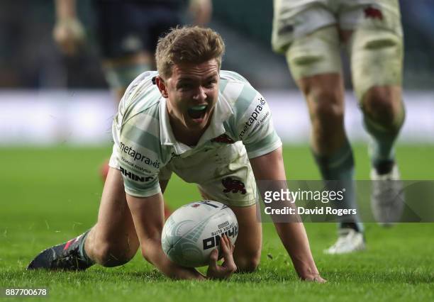 Chris Bell of Cambridge University scores his sides first try during the Oxford University vs Cambridge University Mens Varsity match at Twickenham...